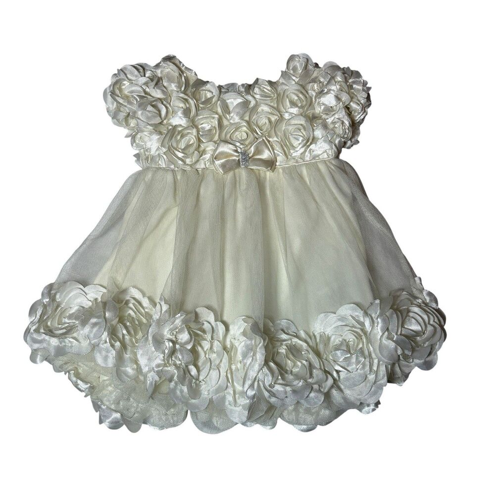 Baby Girls Ivory Rosette Flower Dress Size 9 Months Special Occasion Party